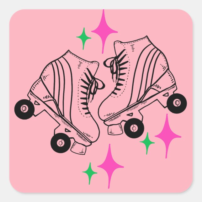Pegatina Cuadrada Roller Skates Derby Skating Pink Birthday Party (Anverso)