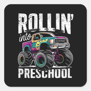 Pegatina Cuadrada 'Rollin' en un monstruo preescolar de vuelta a la