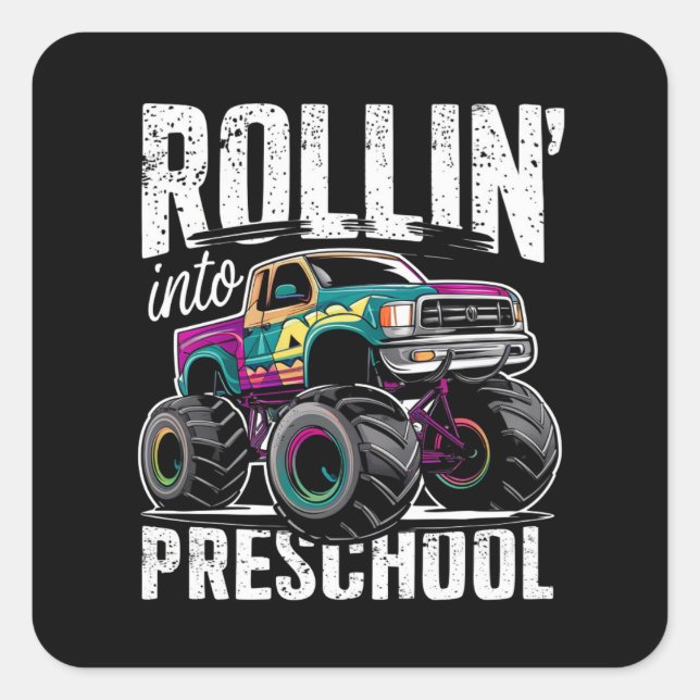 Pegatina Cuadrada 'Rollin' en un monstruo preescolar de vuelta a la  (Anverso)
