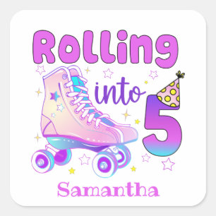 Pegatina Cuadrada Rolling Into 5 - Cute Purple Roller Skate Cumpleañ