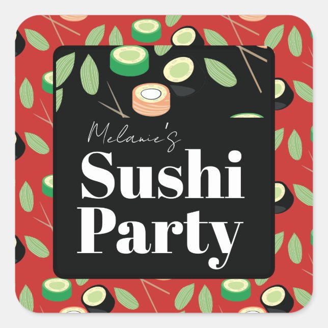 Pegatina Cuadrada Rollos de Cumpleaños de Sushi para Fiesta (Anverso)