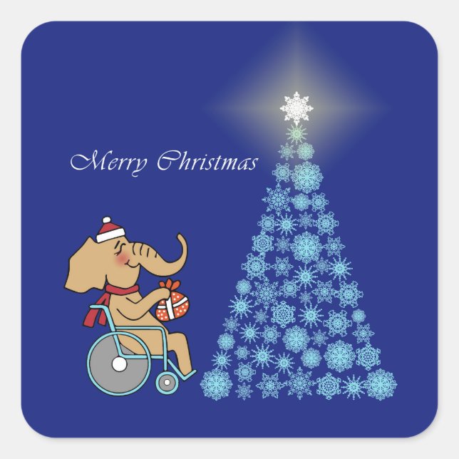 Pegatina Cuadrada Rollstuhl-Elefant mit Weihnachtsmannmütze (Anverso)