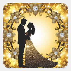 Pegatina Cuadrada Romance de boda sobre fondo dorado
