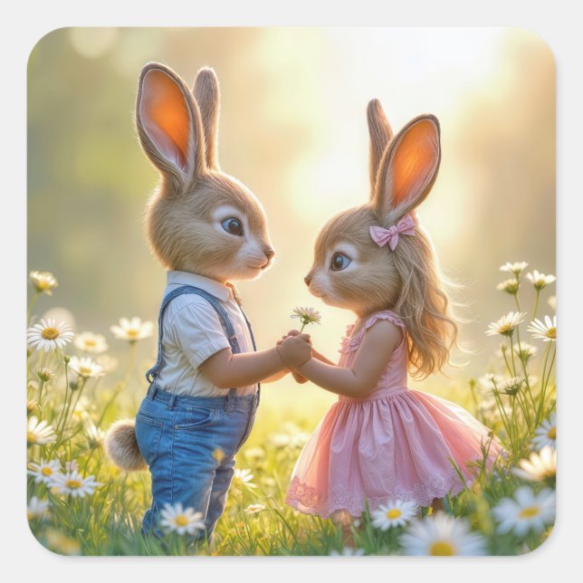 Pegatina Cuadrada Romance de conejo en un campo de margarita (Anverso)