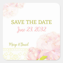 Pegatina Cuadrada Romance rosado Boda Peony Save the Date