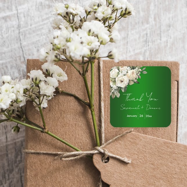 Pegatina Cuadrada Romance verde esmeralda y Boda de rosas blancas (Subido por el creador)