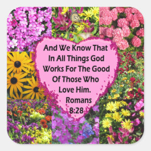 Pegatina Cuadrada ROMANOS DE FLORES DE bonito 8:28 SCRIPTURA VERSE