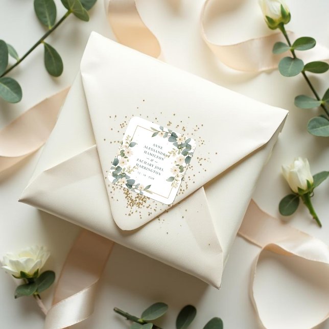 Pegatina Cuadrada Romantic Charming Flowers & Branches Frame Wedding (Romantic Delicate Floral and Branch Frame Wedding Square Stickers.)