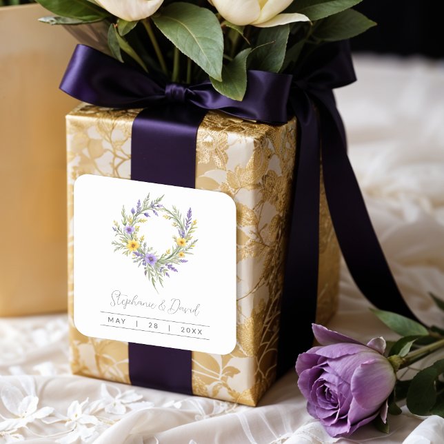 Pegatina Cuadrada Romantic Minimal Wedding Yellow & Lavender Wreath (Romantic Minimal Wedding Yellow & Lavender Wreath Square Stickers.)