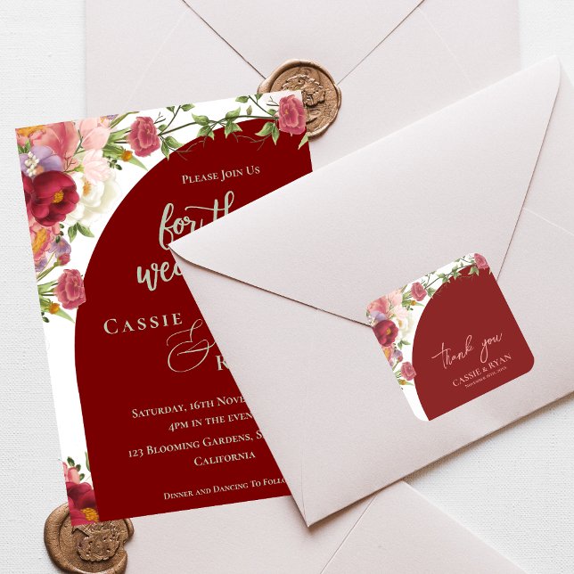 Pegatina Cuadrada Romantic Peach Floral Red Arch Wedding Thank you (Romantic Peach Floral Red Arch Wedding Thank you Square Sticker)
