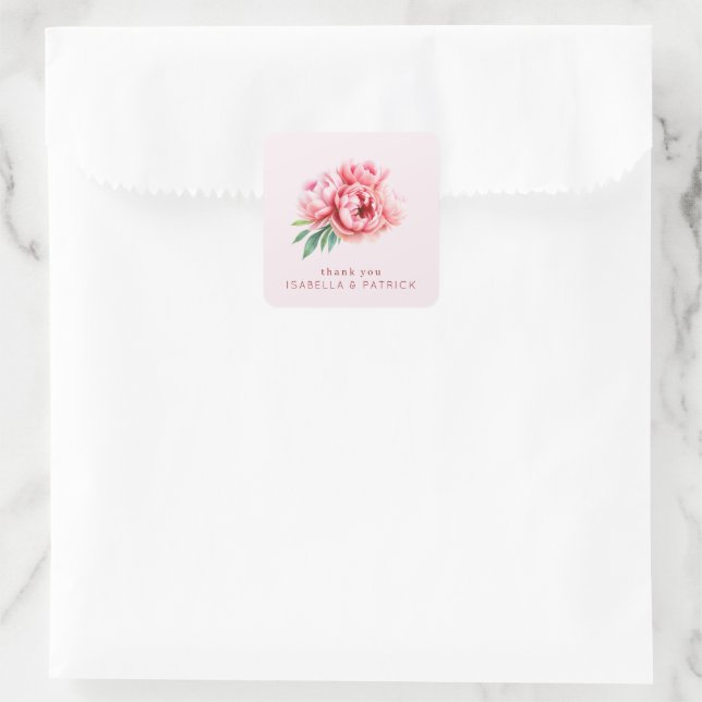 Pegatina Cuadrada Romantic Pink Watercolor Peonies (Bolso)