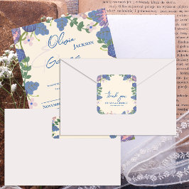 Pegatina Cuadrada Romantic Purple & Blue Floral Wedding Thank You