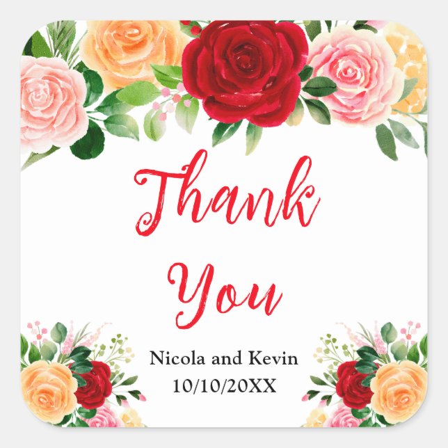 Pegatina Cuadrada Romantic Red and Orange Roses (Anverso)
