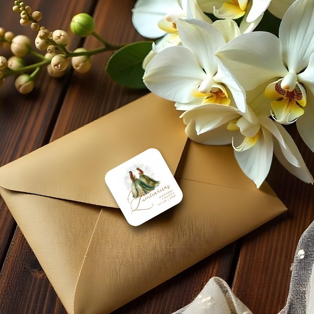 Pegatina Cuadrada Romantic Spanish Quinceañeras Twins Dolls Green (Romantic Spanish Quinceañeras Twins Dolls in Green and Brown Shades Square Stickers.)
