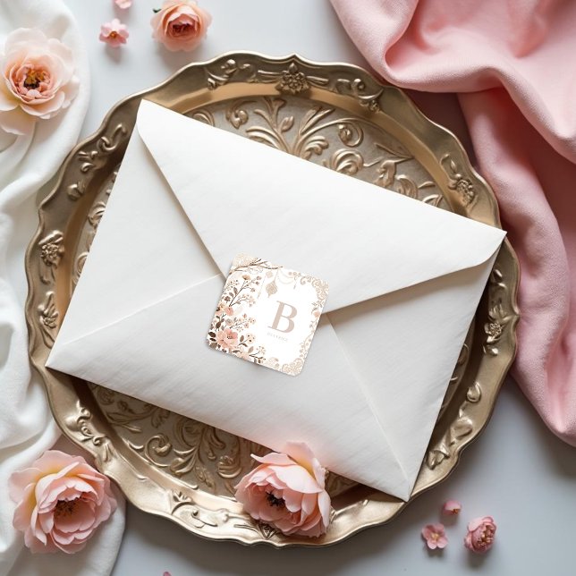 Pegatina Cuadrada Romantic Watercolor Floral Filigree Design (Exquisite Sophisticated Romantic Pastel Watercolor Floral Square Sticker Design)