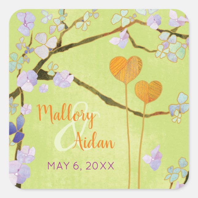 Pegatina Cuadrada Romántica boda verde de cal salva la fecha (Anverso)