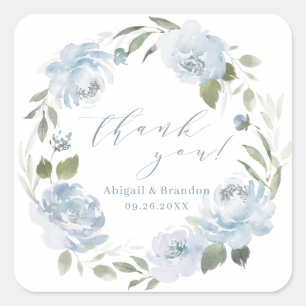 Pegatina Cuadrada Romántico azul polvoriento floral gracias boda