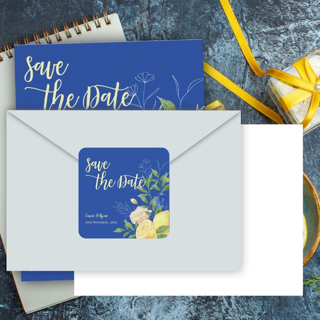 Pegatina Cuadrada Romántico Blue Flowers Limon Wedding Save the Date (Romantic Blue Flowers Lemon Wedding Save the Date Square Sticker)
