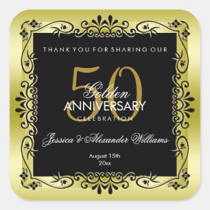 Pegatina Cuadrada Romántico dorado decorativo enmarcado 50.º Boda