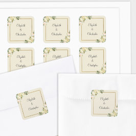 Pegatina Cuadrada Romántico Elegante Floral Verde Botánica Dorado