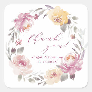 Pegatina Cuadrada Romántico floral malva gracias boda