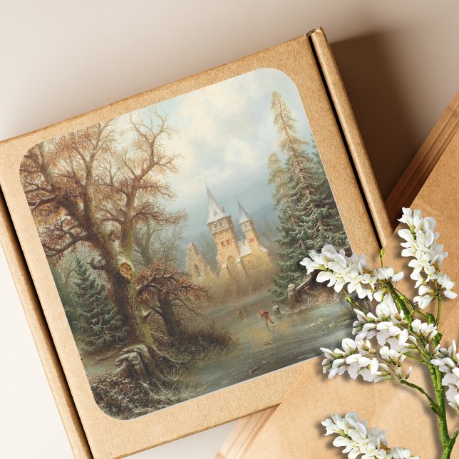 Pegatina Cuadrada Romántico paisaje invernal con patinadores de hiel (Subido por el creador)