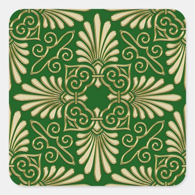 Pegatina Cuadrada Romántico Retro Art Deco Damask Green Gold 01 (Anverso)