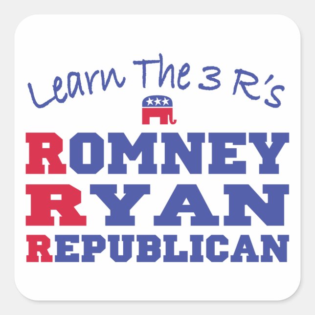 Pegatina Cuadrada Romney Ryan Aprende las 3 R (Anverso)