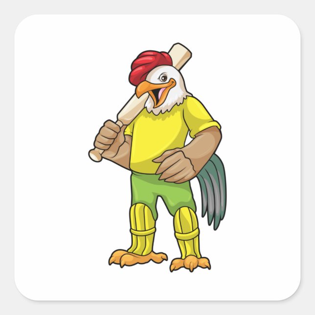 Pegatina Cuadrada Rooster como bateador con bate de críquet (Anverso)