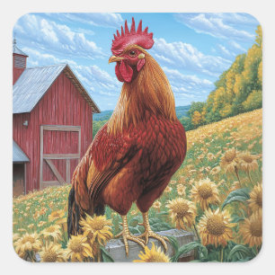 Pegatina Cuadrada Rooster sobre la pintura de una granja de girasole