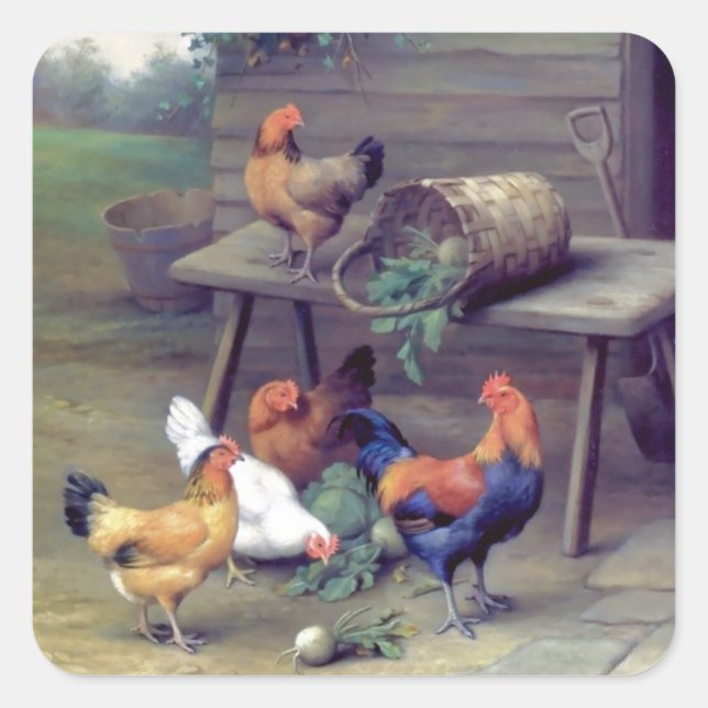 Pegatina Cuadrada Rooster Turnip Basket Hens (Anverso)