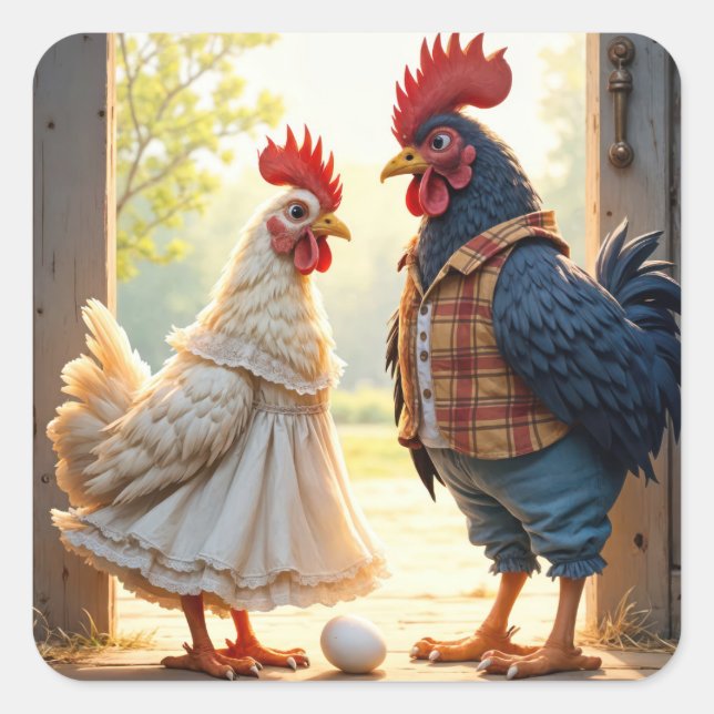 Pegatina Cuadrada Rooster y Hen Humor (Anverso)