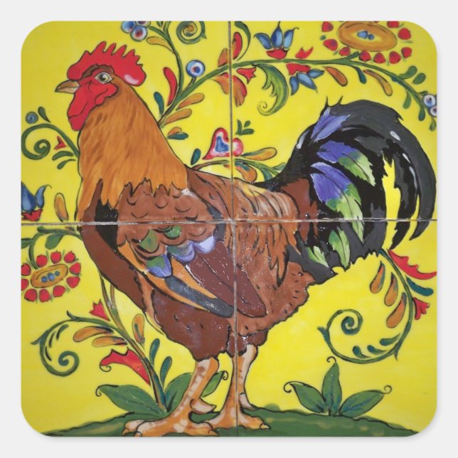 Pegatina Cuadrada Rooster Yellow Floral Tile Folk Art Country (Anverso)