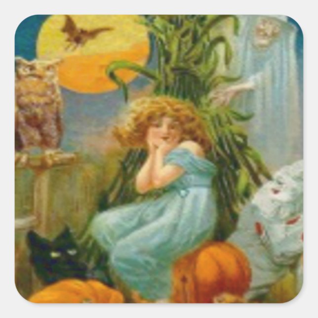 Pegatina Cuadrada Ropa de bata de rana de bruja de gato negro de cal (Anverso)