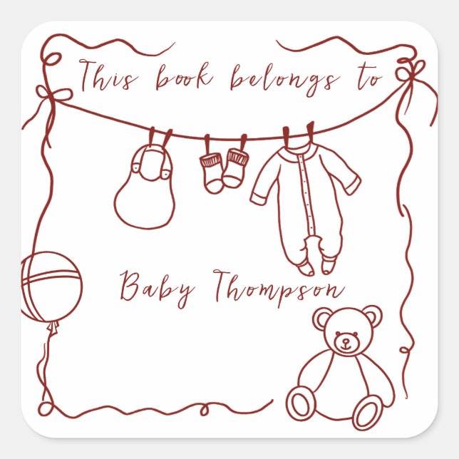 Pegatina Cuadrada Ropa de bebé dibujada a mano - exlibris (Anverso)