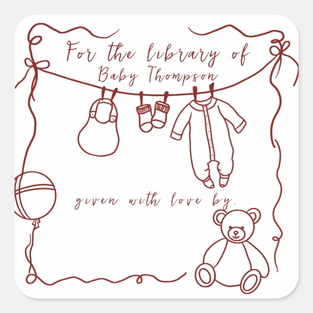 Pegatina Cuadrada Ropa de bebé dibujada a mano - exlibris (Anverso)