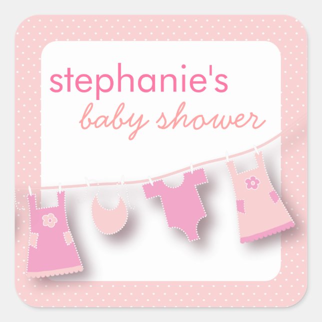 Pegatina Cuadrada Ropa de bebé en línea para Baby Shower Chica (Anverso)