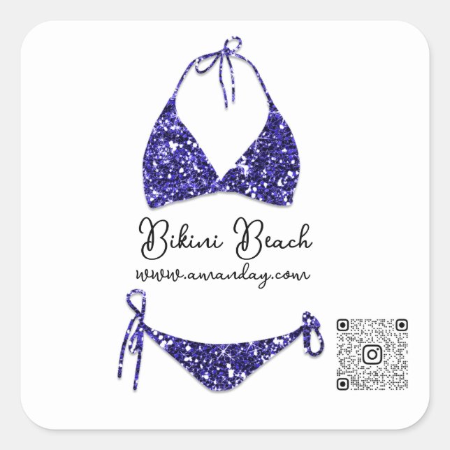 Pegatina Cuadrada Ropa de Boutique Código Qr Bikini Azul Blanco (Anverso)