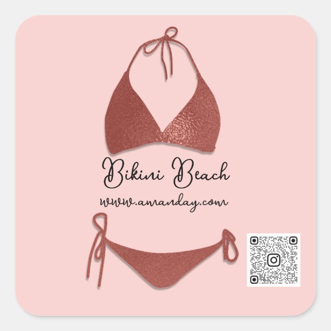 Pegatina Cuadrada Ropa de Boutique Código Qr Bikini Rosa Dorado (Anverso)