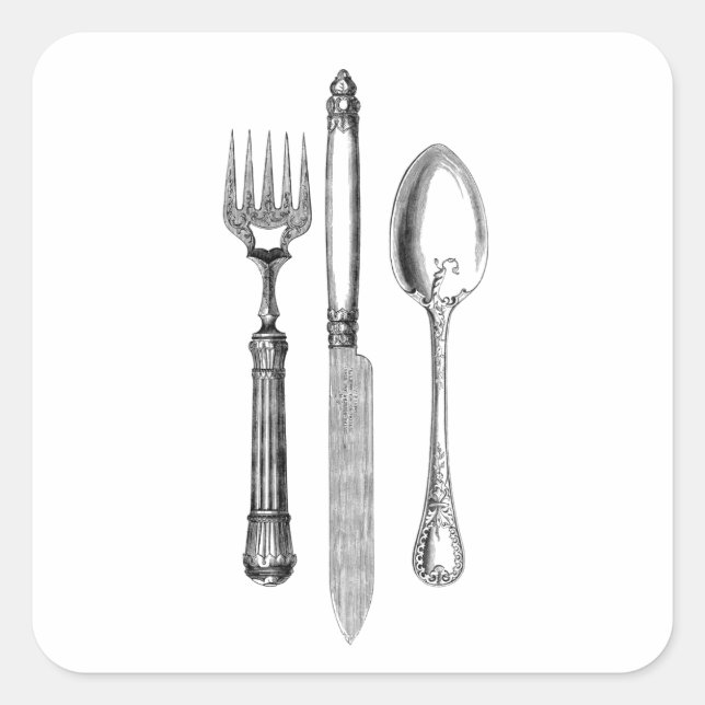 Pegatina Cuadrada Ropa de cuchillo antigua y combinación cuchara Dec (Anverso)