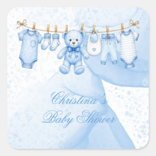 Pegatina Cuadrada Ropa de osito de peluche azul Baby Shower