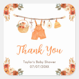 Pegatina Cuadrada Ropa de Otoño en la Cuerda Niño Baby Shower Gracia