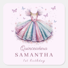 Pegatina Cuadrada Ropa de princesa pastel para un primer cumpleaños