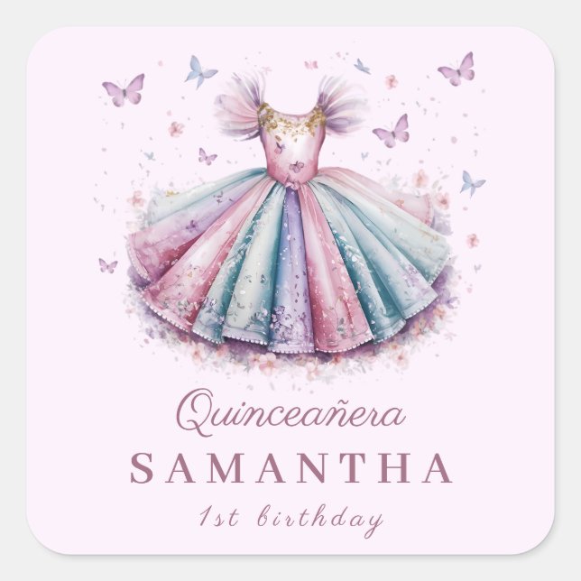 Pegatina Cuadrada Ropa de princesa pastel para un primer cumpleaños (Anverso)