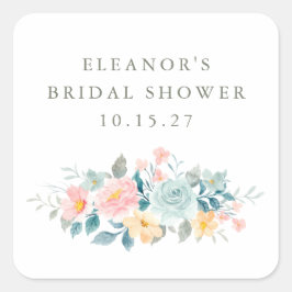 Pegatina Cuadrada Rosa aguamarina floral acuarela nupcial personaliz