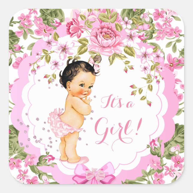 Pegatina Cuadrada Rosa Baby Shower Chica Brunette (Anverso)