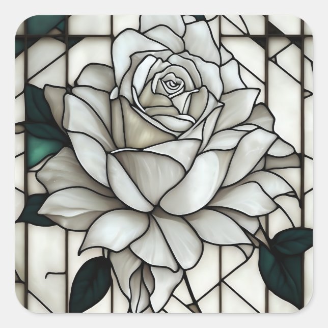 Pegatina Cuadrada Rosa Blanca de Cristal Manchado (Anverso)