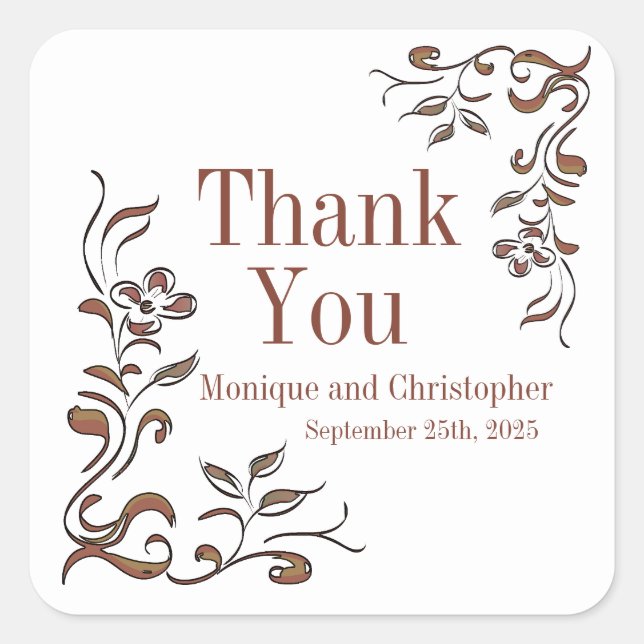 Pegatina Cuadrada Rosa Boda blanco de cobre floral (Anverso)