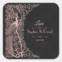 Pegatina Cuadrada Rosa Boda de Peacocks Art Deco