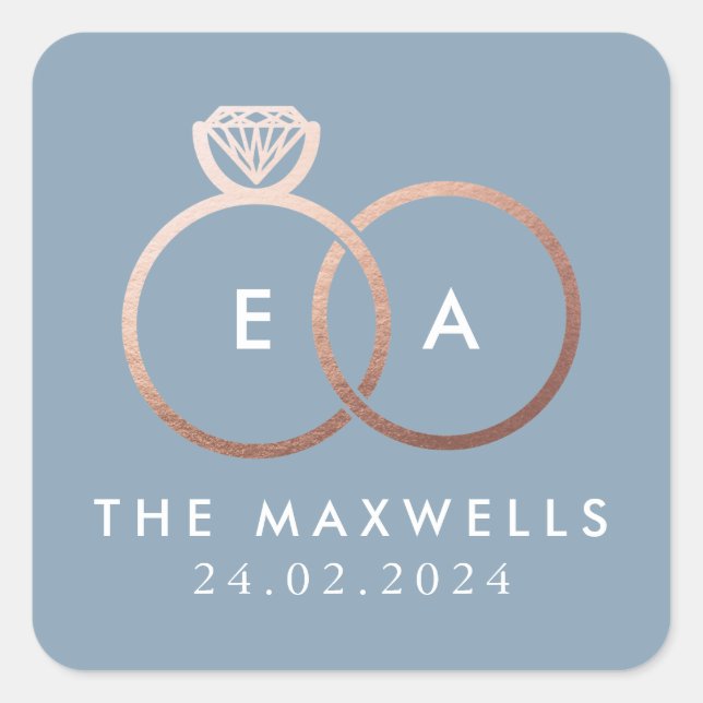 Pegatina Cuadrada Rosa Boda dorado Anillo Monograma Nombre Fecha Azu (Anverso)